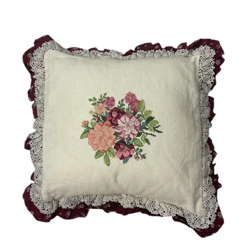 Floral Country Counted Cross Stitch Throw Pillow 17x17
